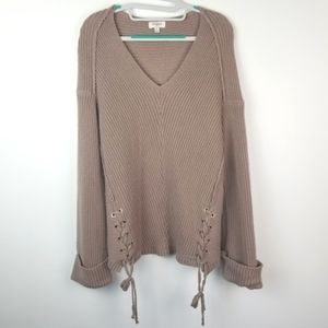 Umgee oversized V-neck lace up knit sweater